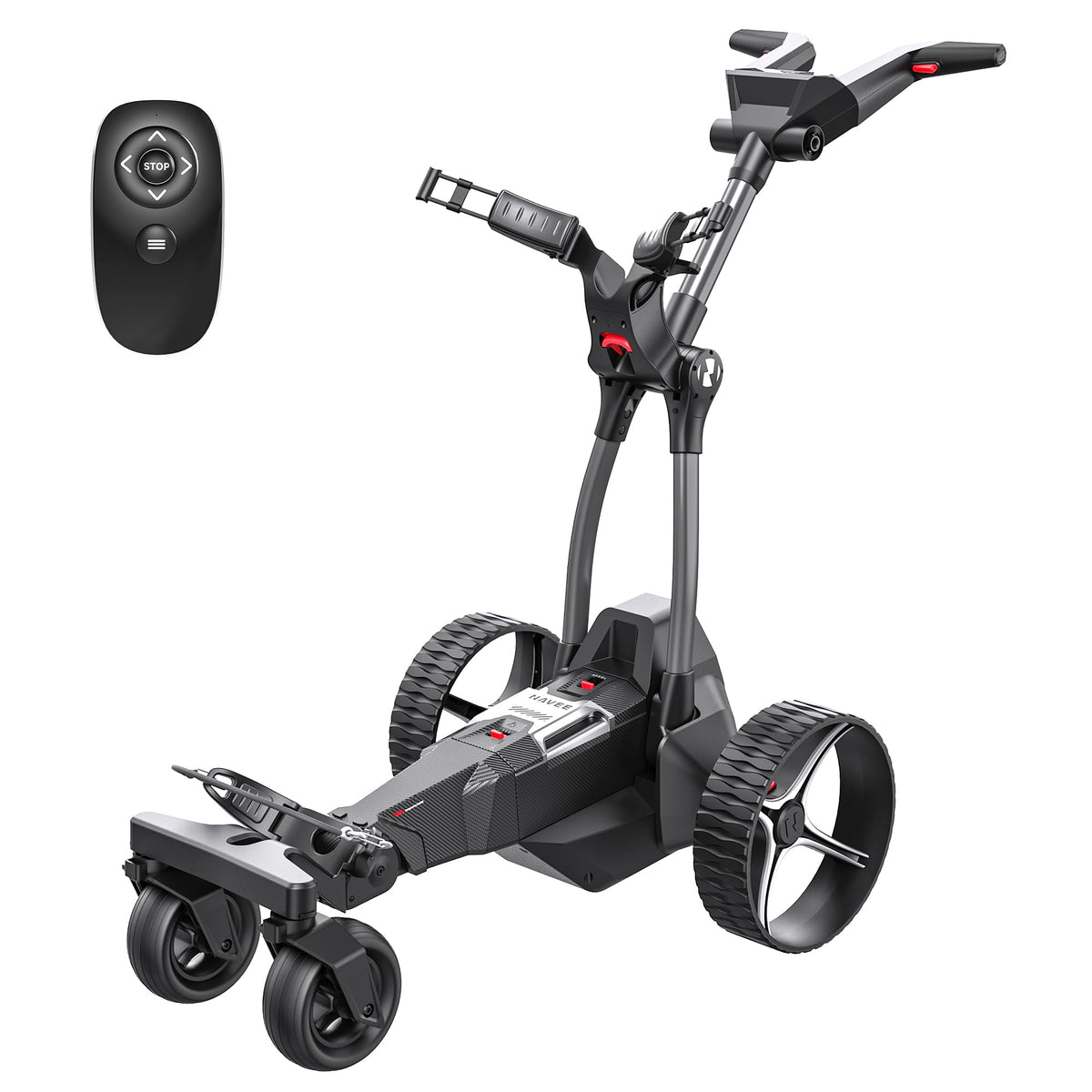 A sleek black and gray motorized golf trolley with large wheels and remote control.
