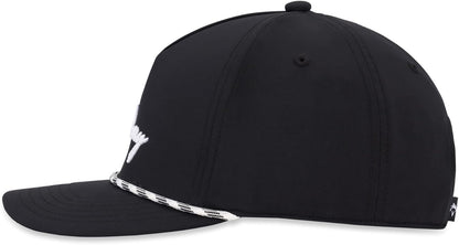 Black baseball cap with white logo and a black-and-white striped rope above the brim.
