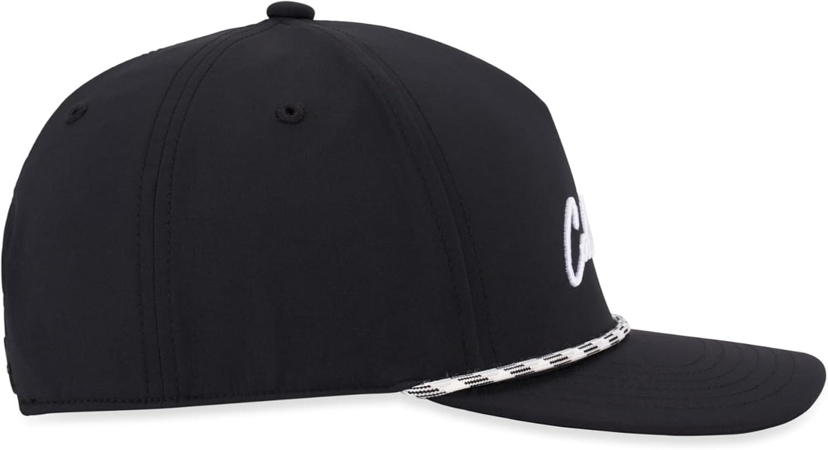 Black baseball cap with white embroidered text and a gray striped band above the brim.