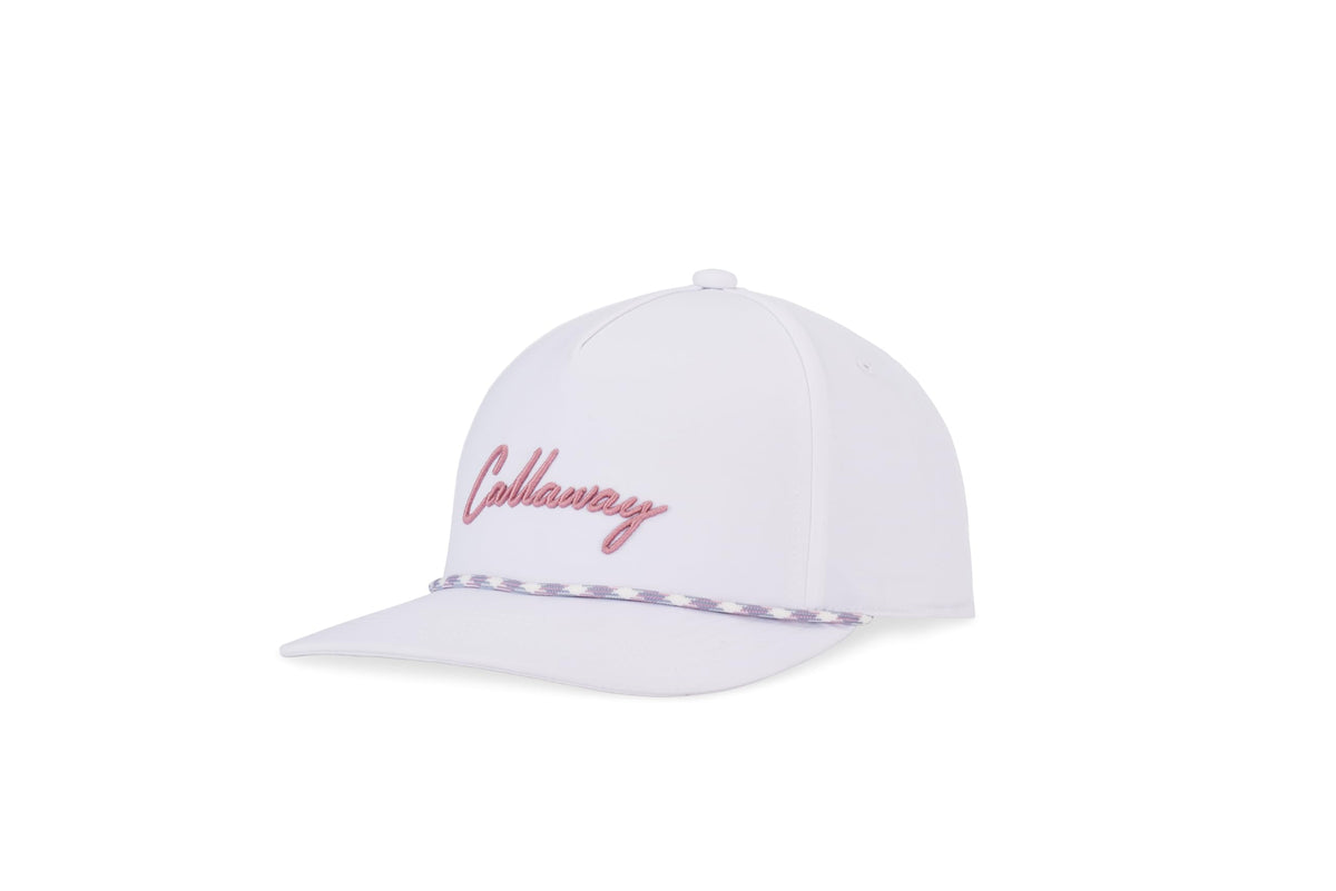 White cap with red script logo and purple braided band above the brim.