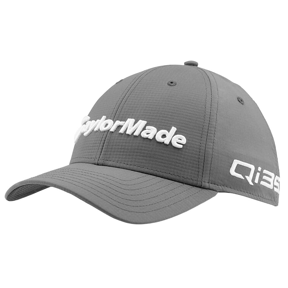 Gray baseball cap with white embroidered text on front and side.