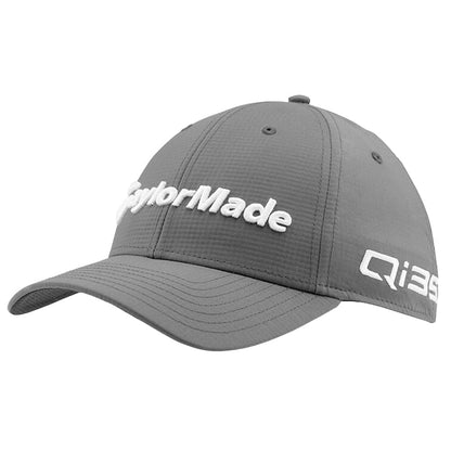 Gray baseball cap with white embroidered text on front and side.