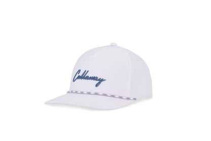 White cap with blue script logo and purple checkered stripe above the brim.