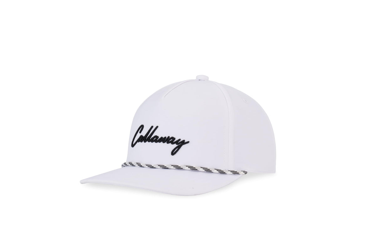 White cap with black cursive logo, featuring a striped band on the brim.