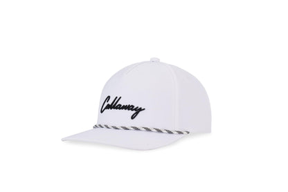 White cap with black cursive logo, featuring a striped band on the brim.