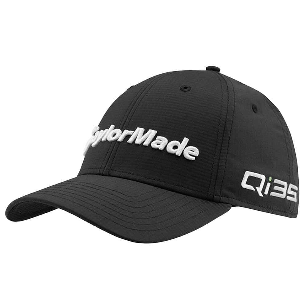 Black cap with white "TaylorMade" and "Q135" text, curved brim, and stitched panels.