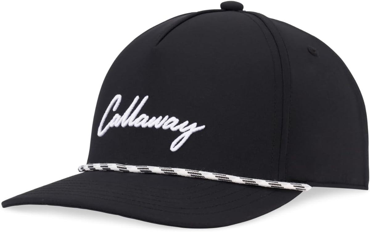 Black baseball cap with white "Callaway" text and a black and white braided rope above the brim.
