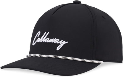 Black baseball cap with white "Callaway" text and a black and white braided rope above the brim.