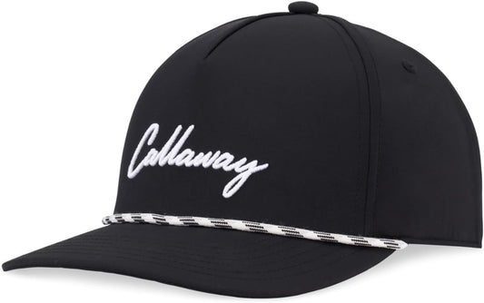 Black baseball cap with white "Callaway" text and a black and white braided rope above the brim.