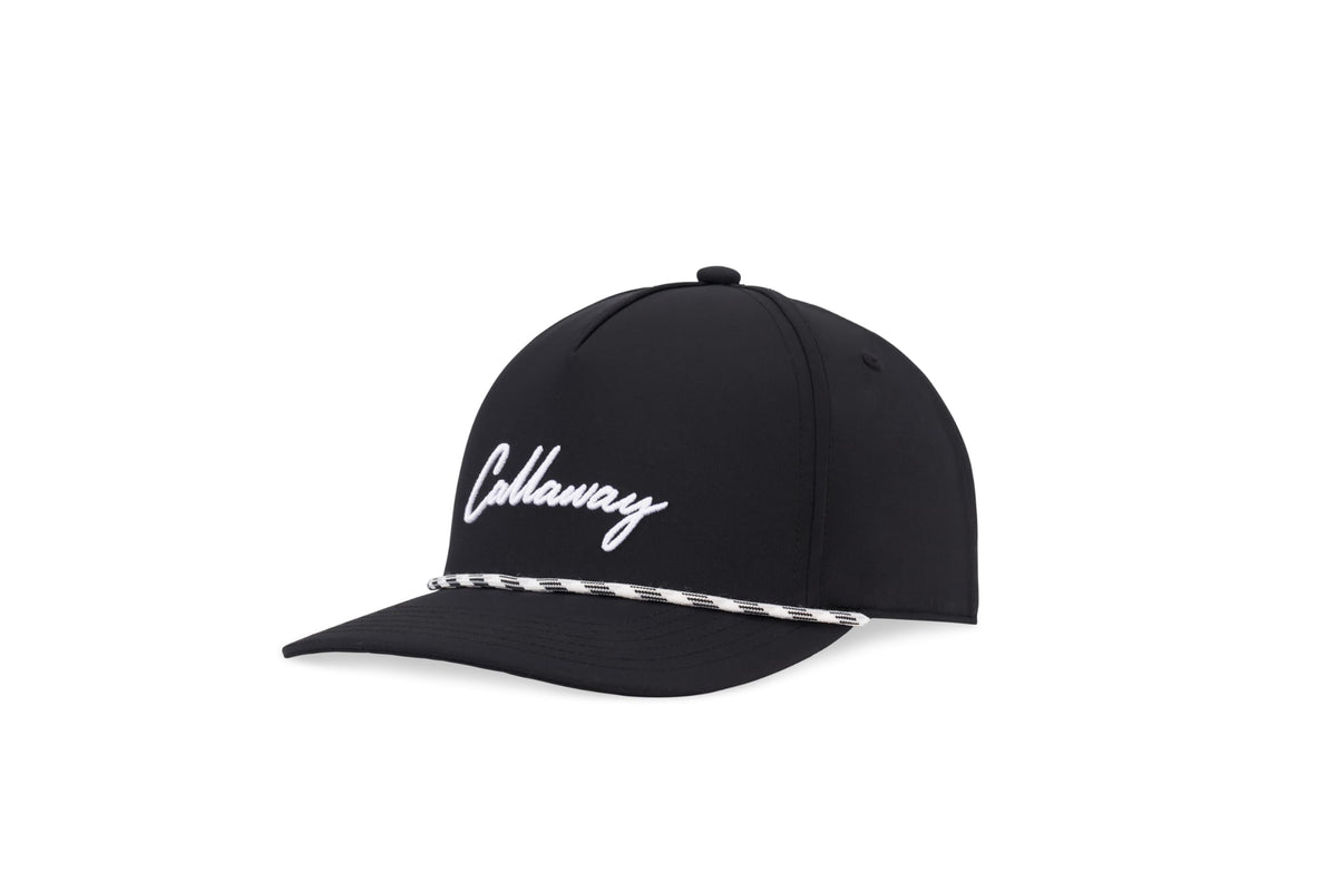 Black baseball cap with white script logo and a braided rope detail on the brim.