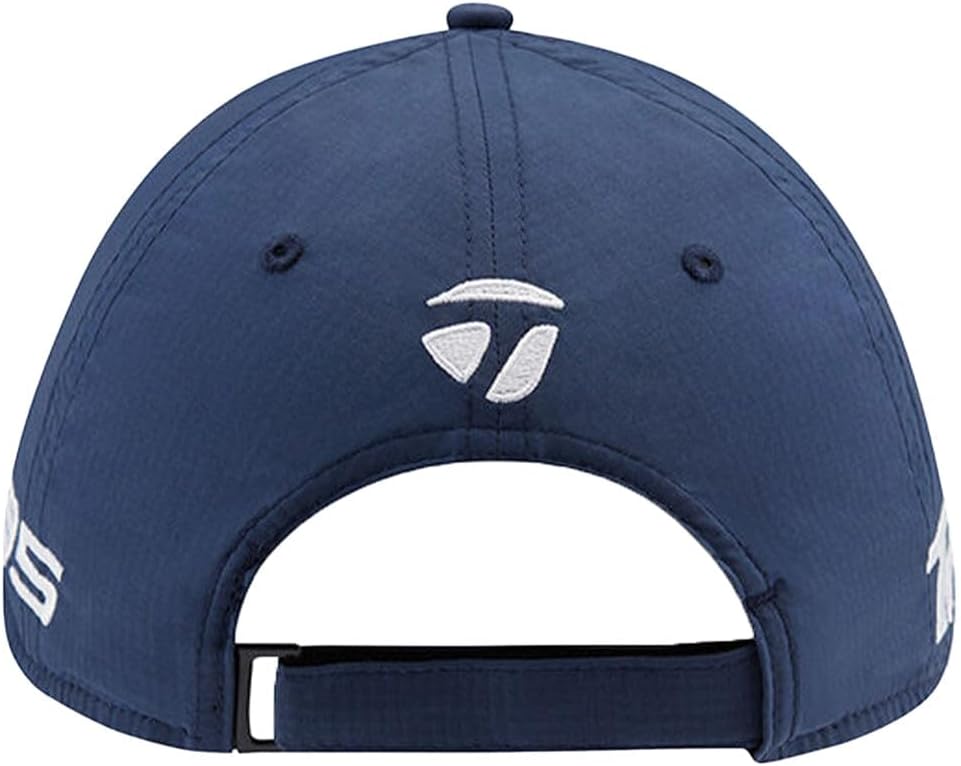 Back view of a navy blue cap with a white logo and text, featuring an adjustable strap.