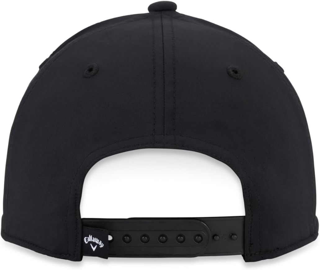 Black baseball cap with adjustable strap and small logo on the back, viewed from behind.