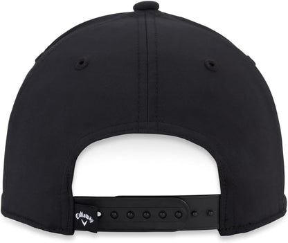 Black baseball cap with adjustable strap and small logo on the back, viewed from behind.