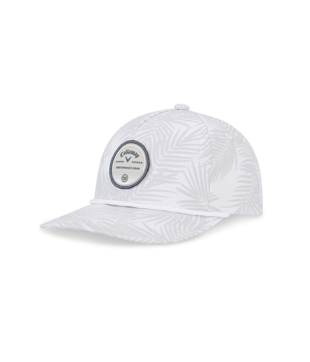 White cap with a subtle leaf pattern and a round, black and white logo on the front.
