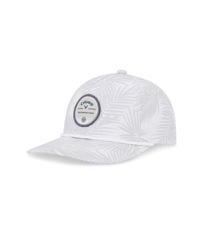White cap with a subtle leaf pattern and a round, black and white logo on the front.