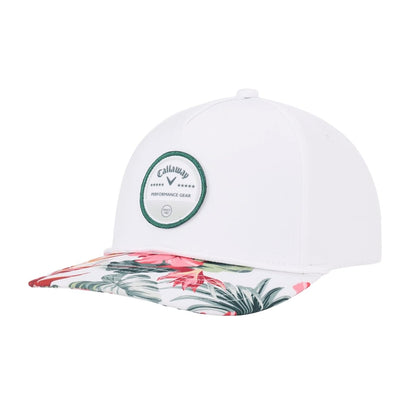 White cap with floral-patterned brim in pink and green, featuring a round logo on the front.