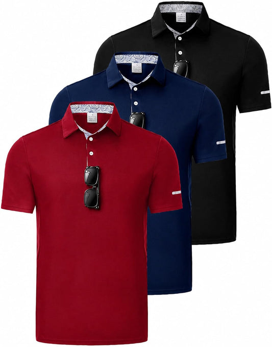 3 Pack Men's Quick Dry Polo Shirts, Moisture Wicking Short Sleeve Golf Shirts for Men with Glasses Holder