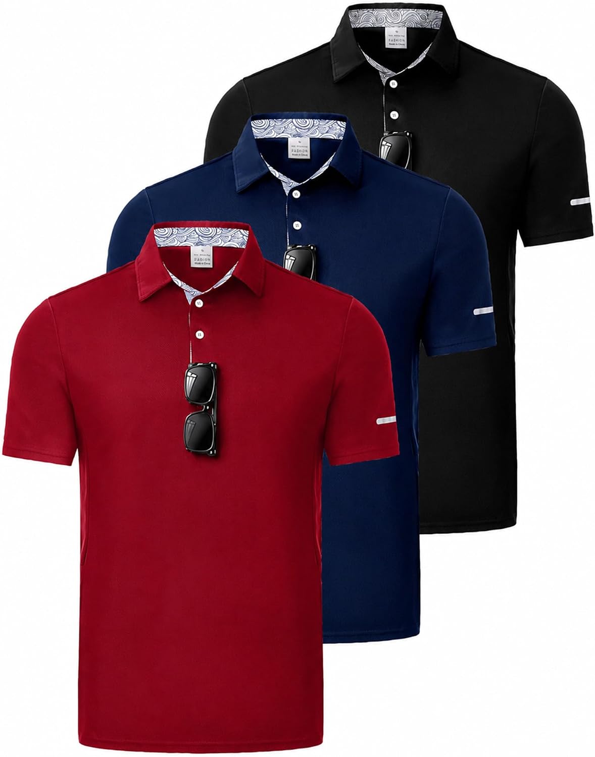 3 Pack Men's Quick Dry Polo Shirts, Moisture Wicking Short Sleeve Golf Shirts for Men with Glasses Holder