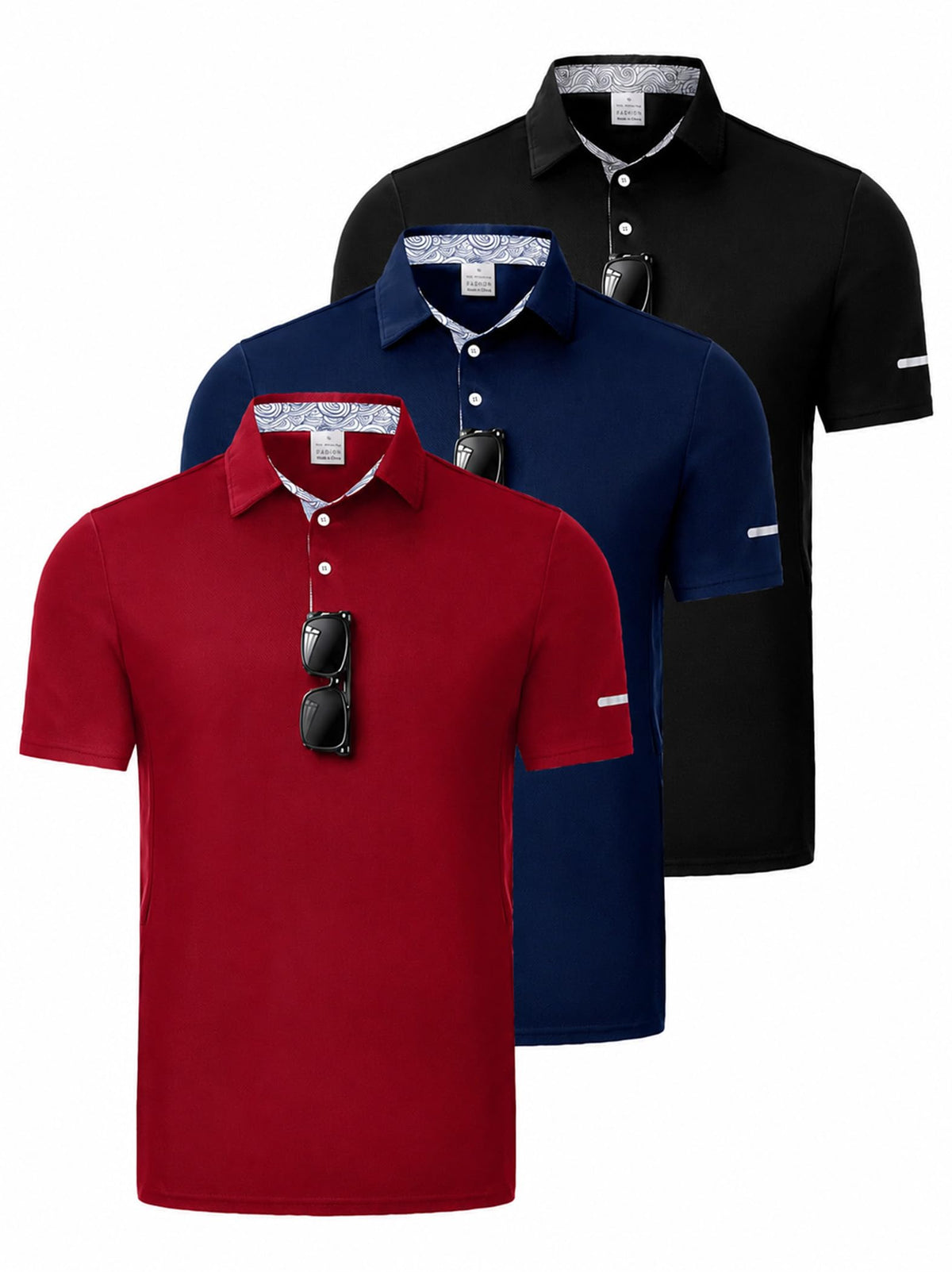 3 Pack Men's Quick Dry Polo Shirts, Moisture Wicking Short Sleeve Golf Shirts for Men with Glasses Holder
