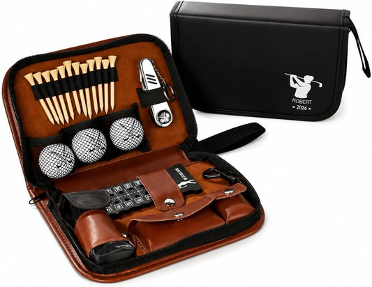 callie Personalized Golf Accessories Set Storage Bag, PU Leather Kit Organizer Case with Golf Brushes, Scoreboard, Ball Retriever, Divot Tool, Binoculars, Gift for Men Women Golfers