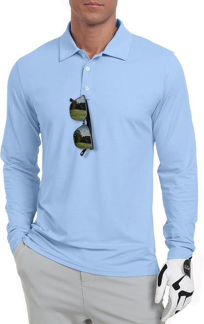 Askdeer Men's Long Sleeve Golf Polo Shirts Lightweight UPF 50+ Performance Collar Shirts Summer Casual Tee
