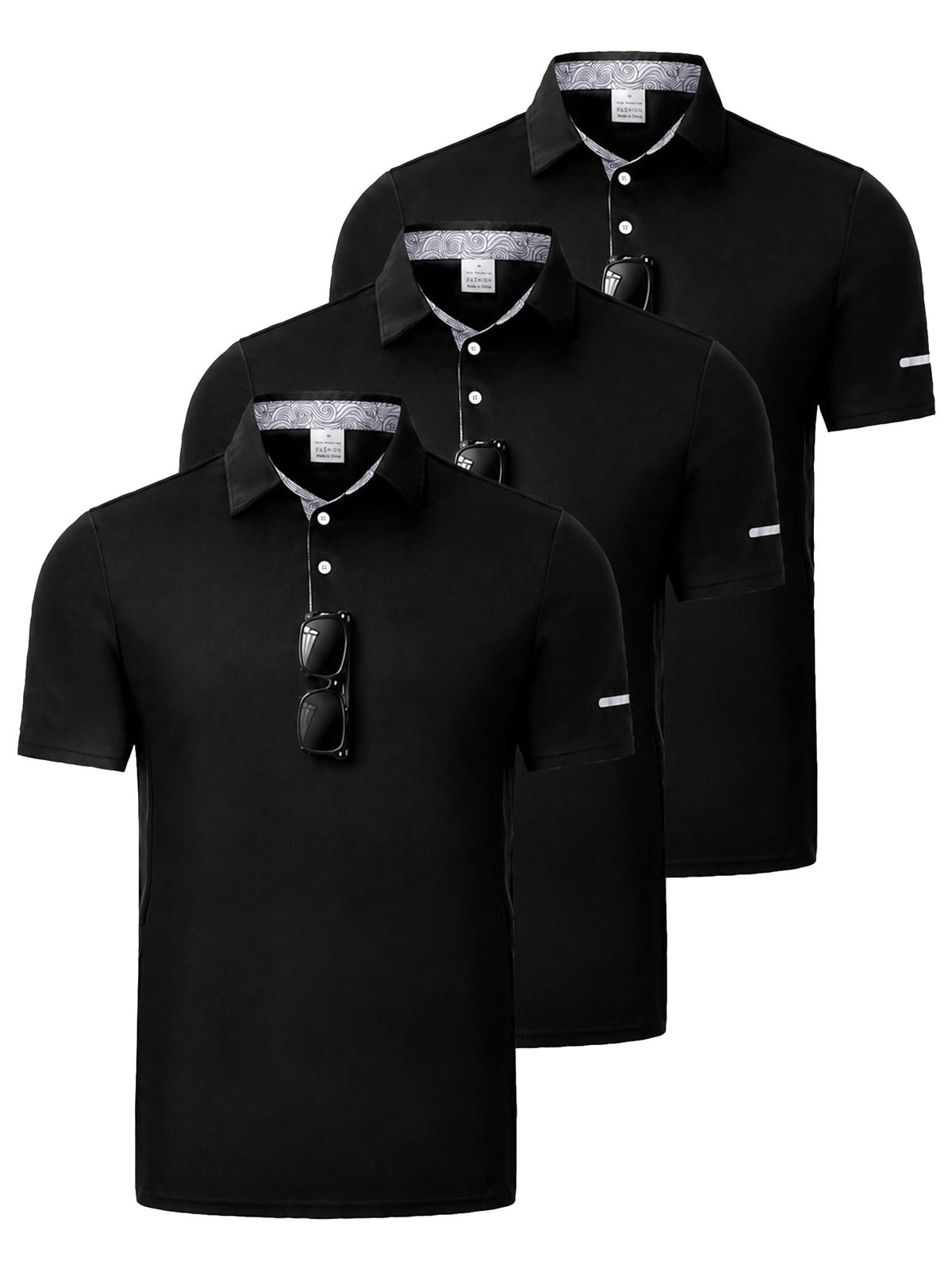 3 Pack Men's Quick Dry Polo Shirts, Moisture Wicking Short Sleeve Golf Shirts for Men with Glasses Holder