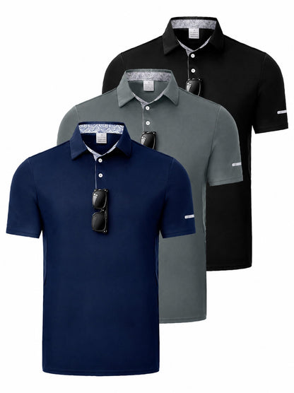 3 Pack Men's Quick Dry Polo Shirts, Moisture Wicking Short Sleeve Golf Shirts for Men with Glasses Holder
