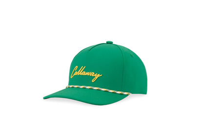 Green baseball cap with yellow script text and a yellow-white braided rope across the brim.