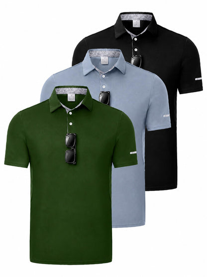 3 Pack Men's Quick Dry Polo Shirts, Moisture Wicking Short Sleeve Golf Shirts for Men with Glasses Holder