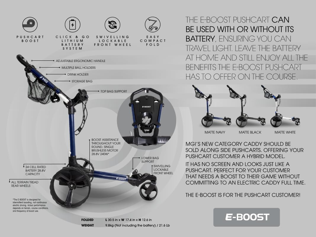 MGI E-Boost Electric Assist Push Golf Cart, Matte-Navy