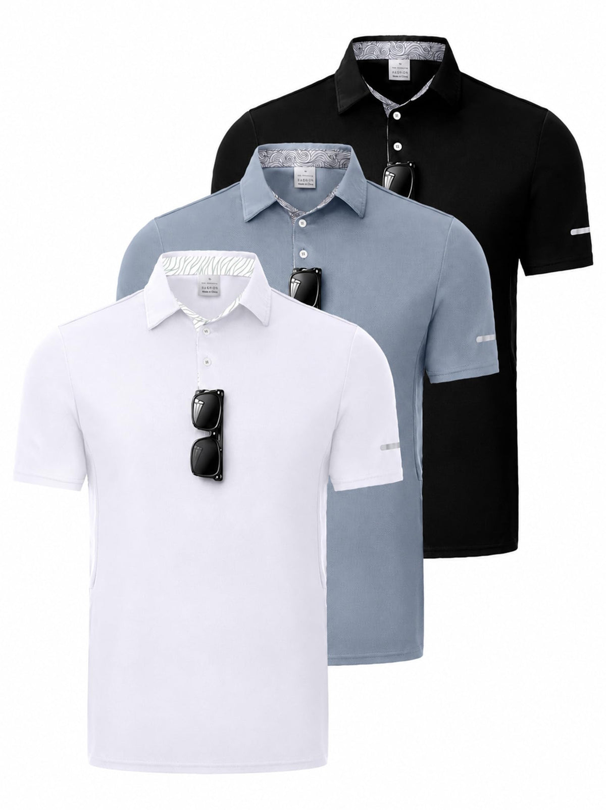3 Pack Men's Quick Dry Polo Shirts, Moisture Wicking Short Sleeve Golf Shirts for Men with Glasses Holder