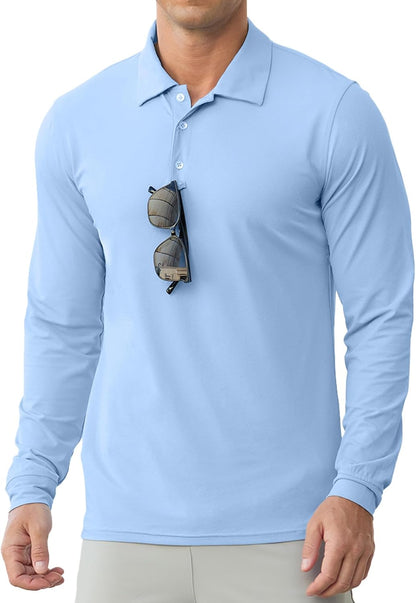 Askdeer Men's Long Sleeve Golf Polo Shirts Lightweight UPF 50+ Performance Collar Shirts Summer Casual Tee