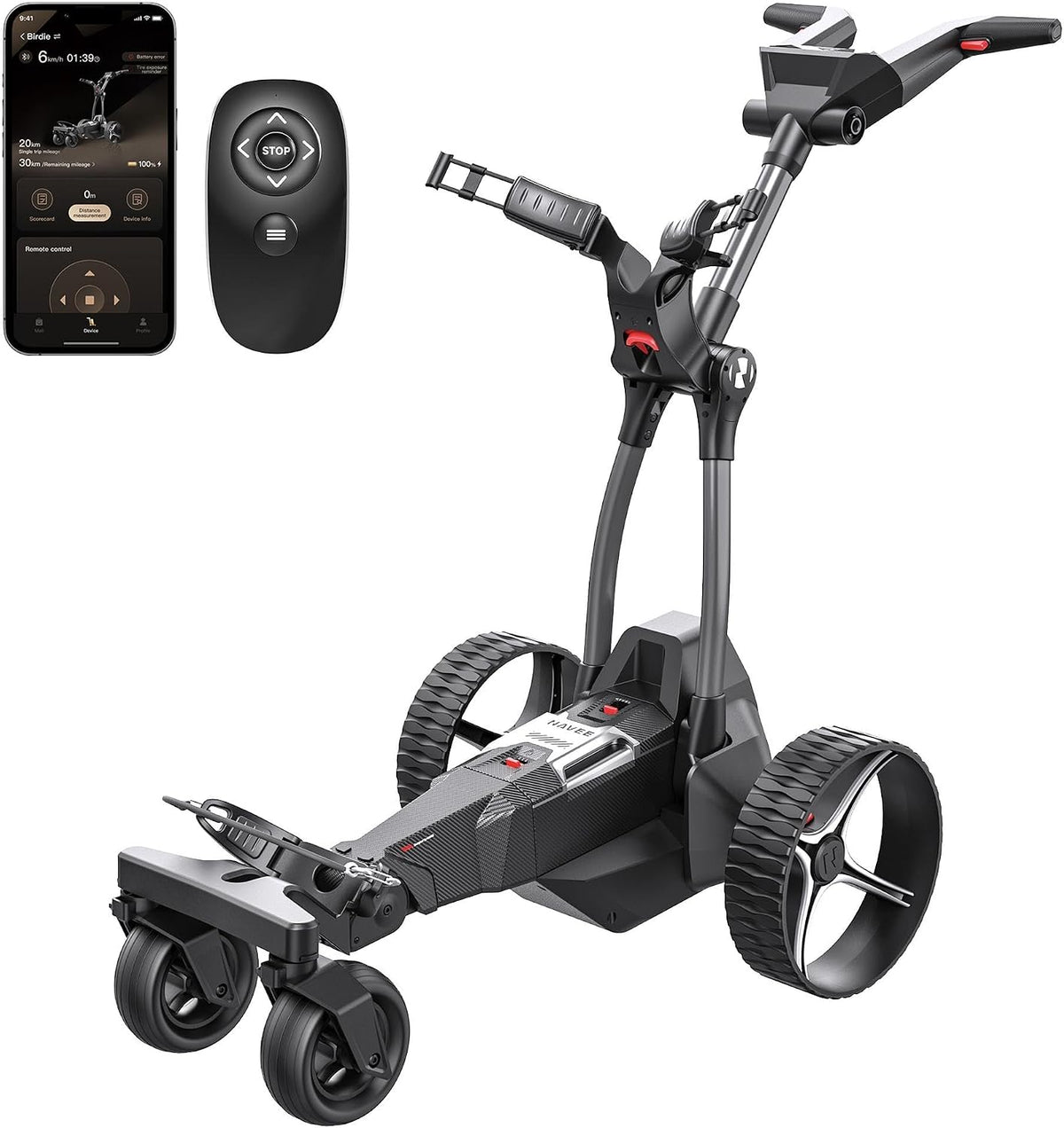 Motorized golf trolley in black with large wheels, remote control, and smartphone app display.