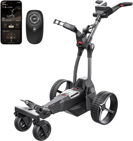 Motorized golf trolley in black with large wheels, remote control, and smartphone app display.