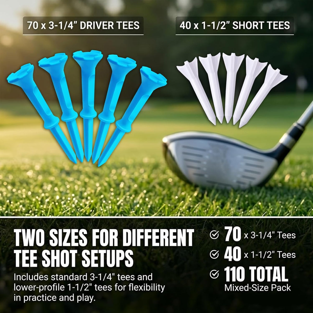 110 Pack Stepped Golf Tees, 70 Long and 40 Short for Consistent Height--Golf World-Golf World