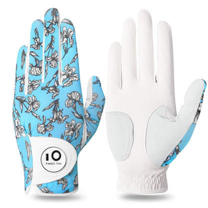 FINGER TEN Women's Golf Gloves Breathable Flexible Polyester Black Pair Size S--Golf World-Color:Blue Flower-Size:L,Pair(Left & Right)-Golf World