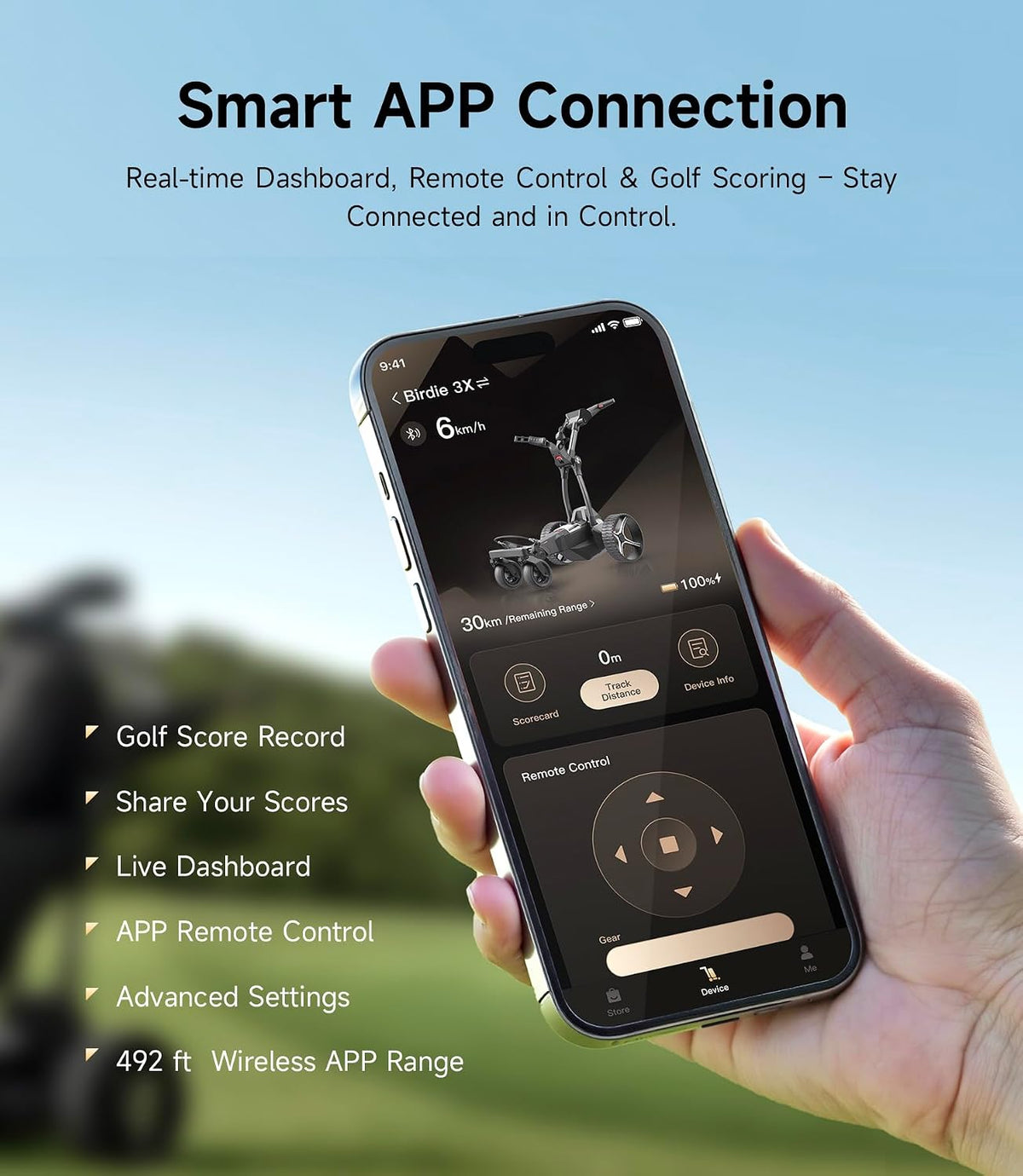 Hand holding a smartphone displaying a golf app interface, with text listing app features.