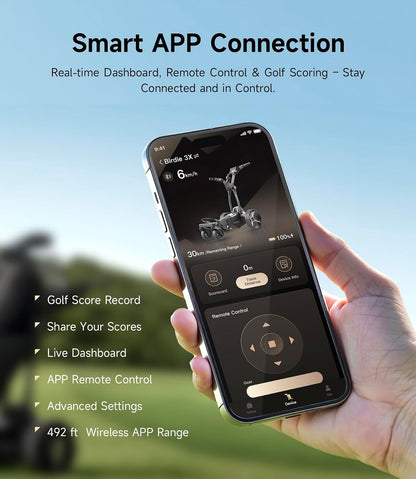 Hand holding a smartphone displaying a golf app interface, with text listing app features.