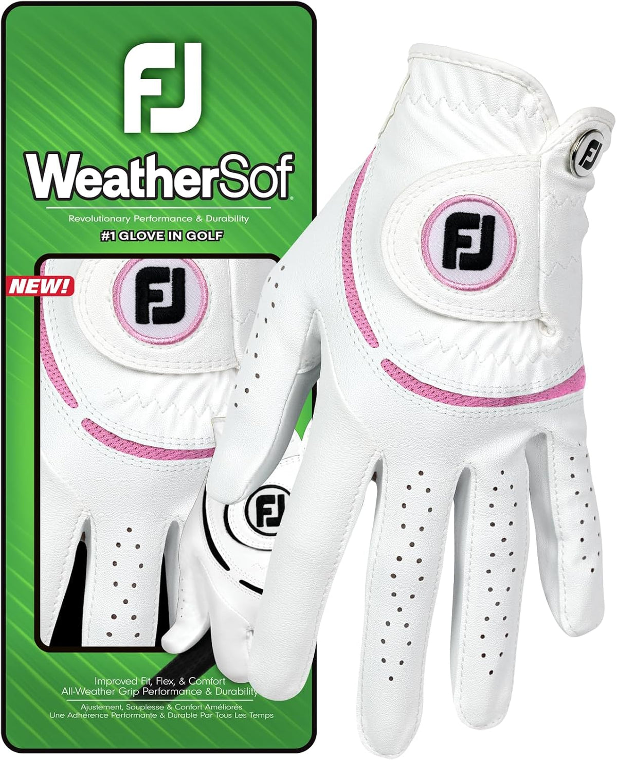FootJoy WeatherSof Womens Golf Glove For All Weather Performance--Golf World-Size:Medium-Color:White / Pink-Golf World