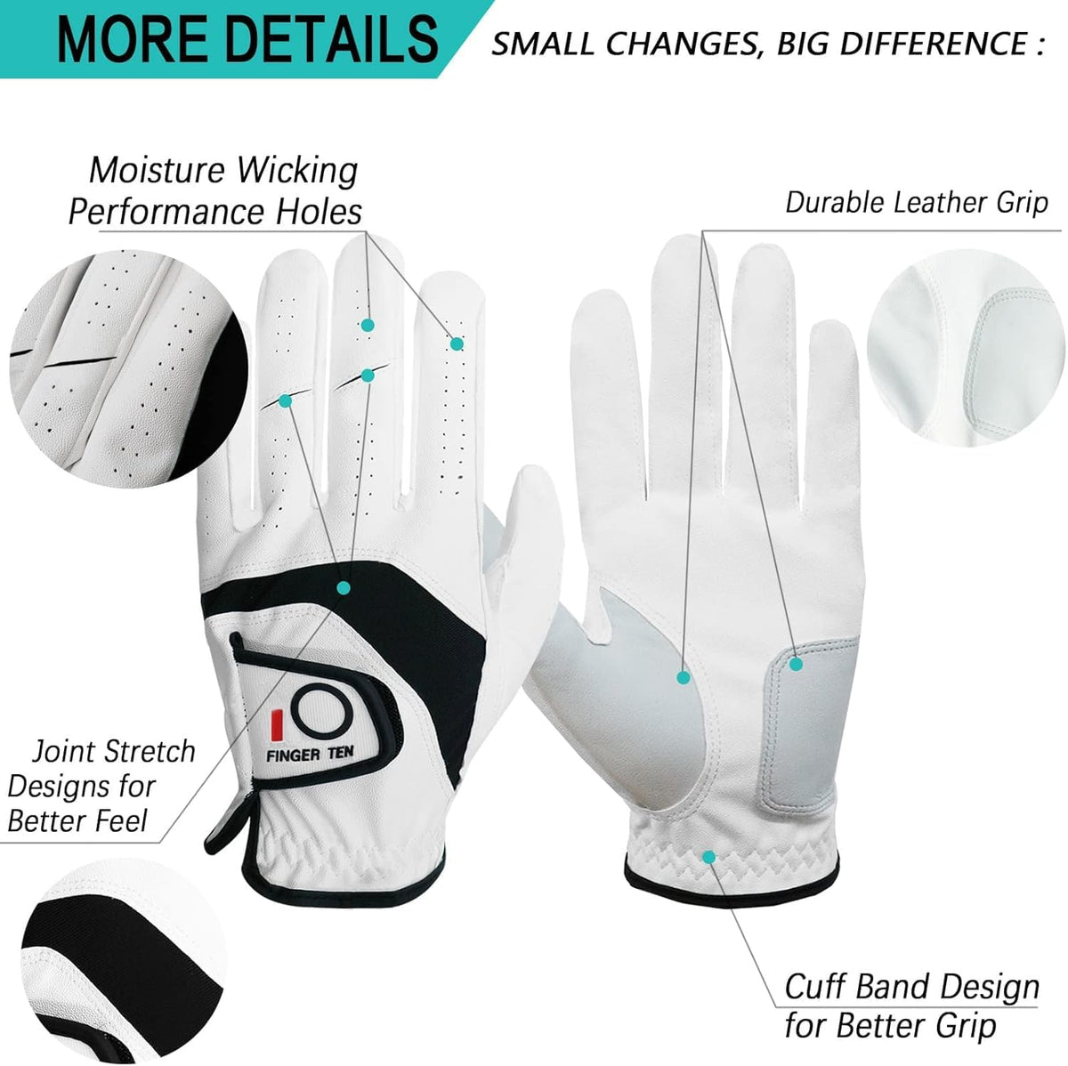 FINGER TEN 3X Large Golf Gloves for Men Left or Right Hand 5 Pack White--Golf World-Golf World