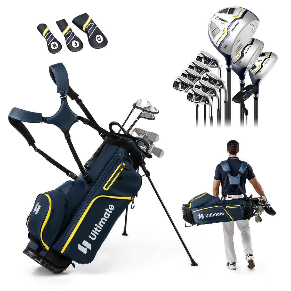 ULTIMATE Men's Right Handed Golf Club Set With Stand Bag and Driver--Golf World-Color:Yellow-Golf World