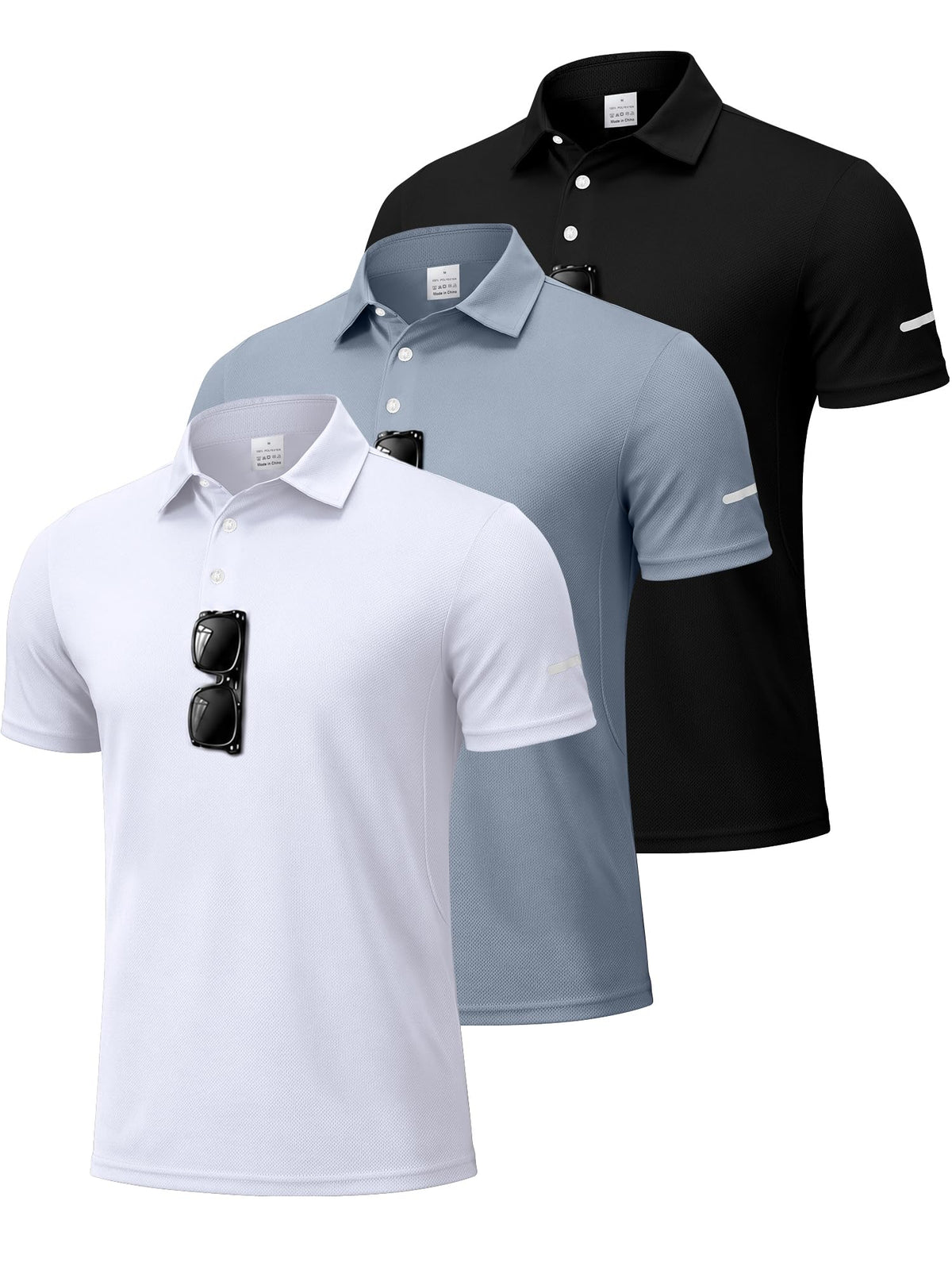 3 Pack Men's Quick Dry Polo Shirts, Moisture Wicking Short Sleeve Golf Shirts for Men with Glasses Holder