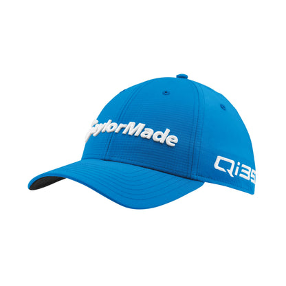 Blue baseball cap with white embroidered text on the front and side.