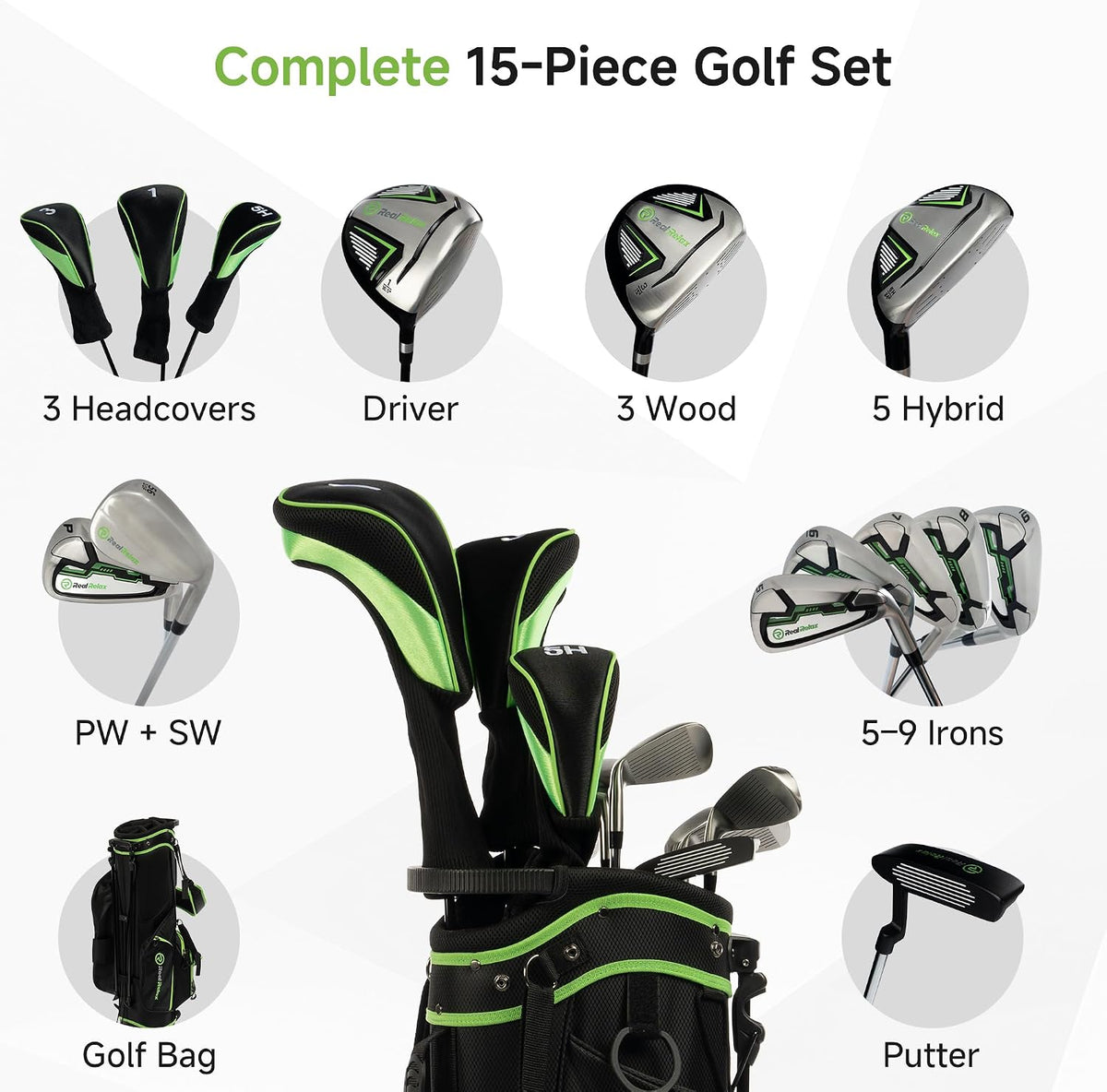 Real Relax 15 Piece Golf Club Set for Men and Women Right Handed Green--Golf World-Golf World