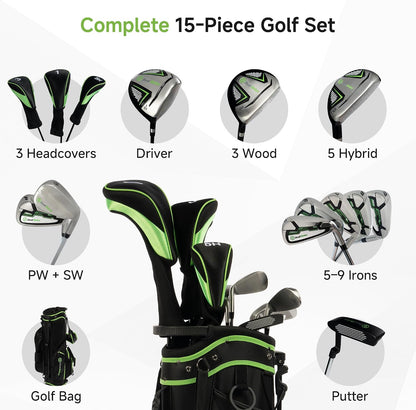 Real Relax 15 Piece Golf Club Set for Men and Women Right Handed Green--Golf World-Golf World