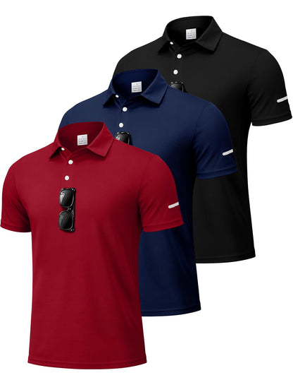 3 Pack Men's Quick Dry Polo Shirts, Moisture Wicking Short Sleeve Golf Shirts for Men with Glasses Holder