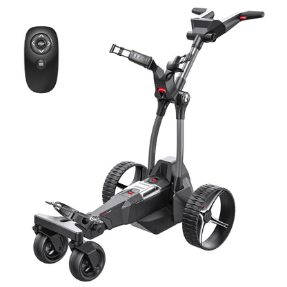 A sleek black and gray motorized golf trolley with large wheels and remote control.