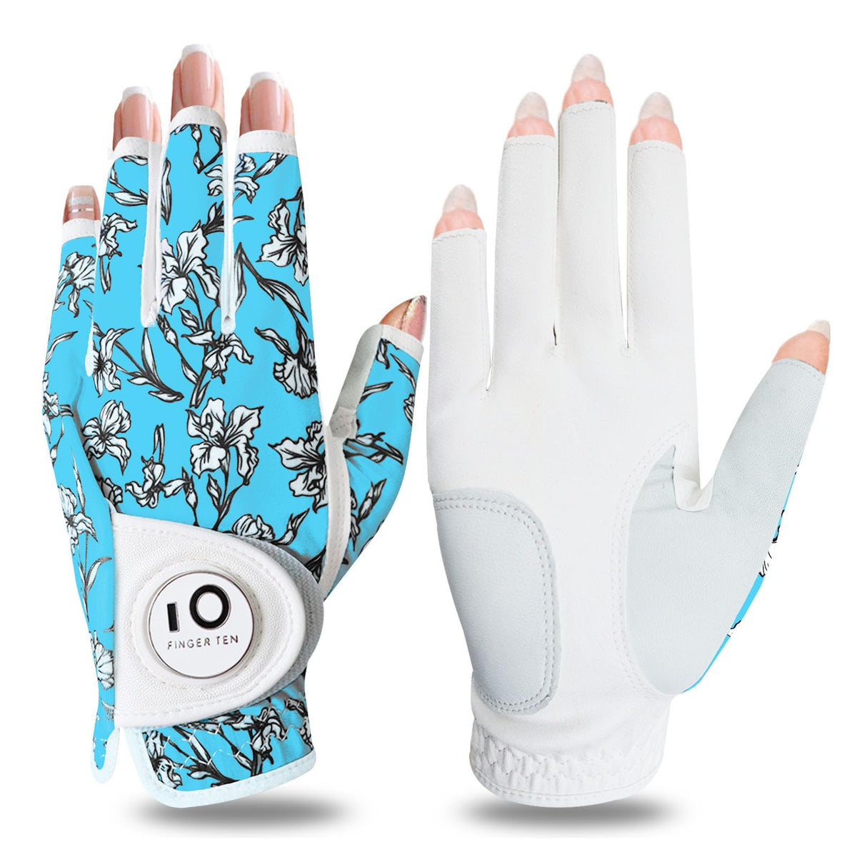 FINGER TEN Women's Golf Gloves Breathable Flexible Polyester Black Pair Size S--Golf World-Color:H Blue Flower-Size:S,Pair(Left & Right)-Golf World
