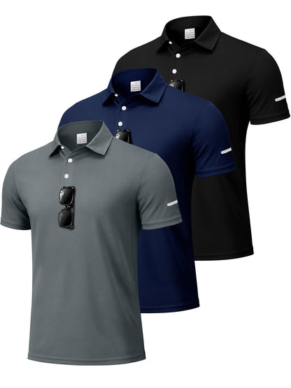 3 Pack Men's Quick Dry Polo Shirts, Moisture Wicking Short Sleeve Golf Shirts for Men with Glasses Holder