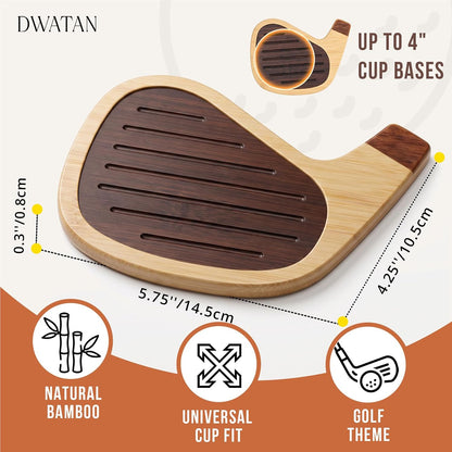 Golf Coasters for Drinks, 4 Pack Bamboo Golf Club Head Coaster Set